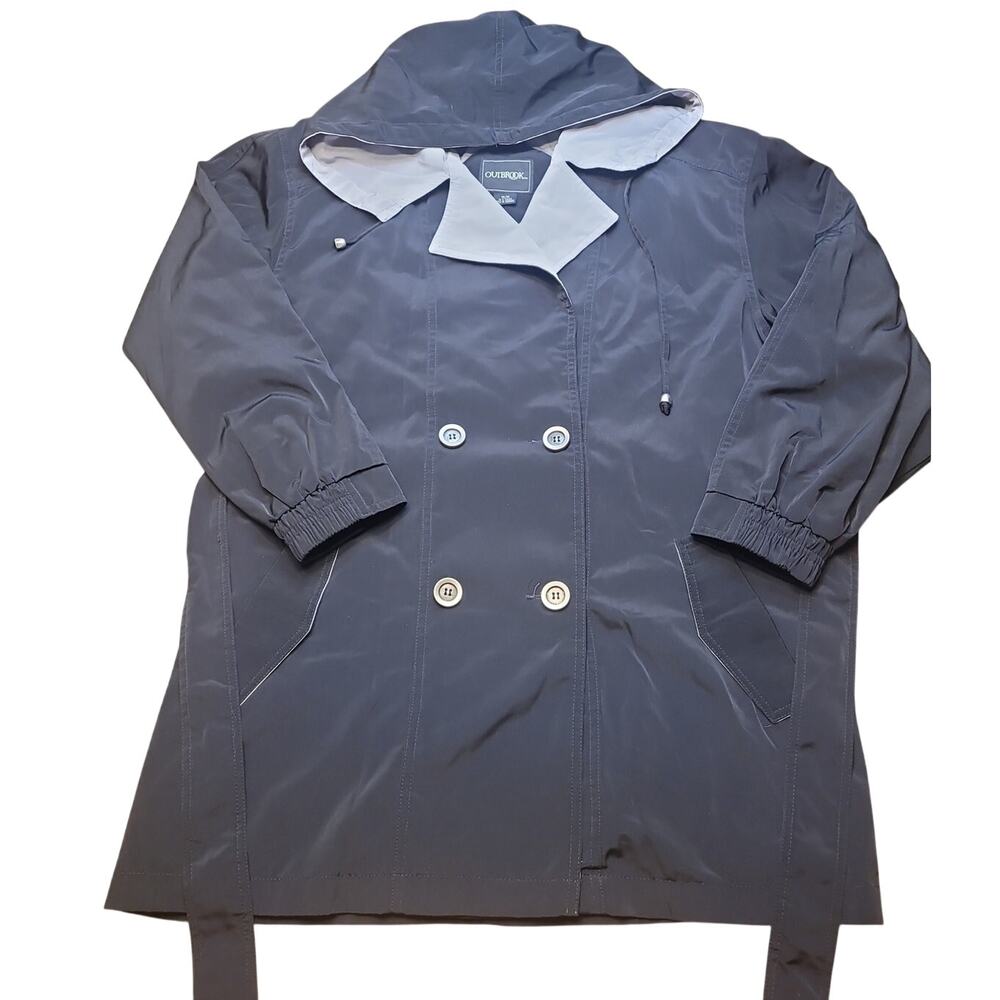 Vintage Women's Black Contrast Hooded Rain Coat Jacket Buttons Belted Pockets M